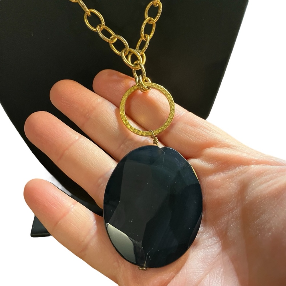 Molly Beads Signed Large Black Agate Pendant Statement Necklace Designer